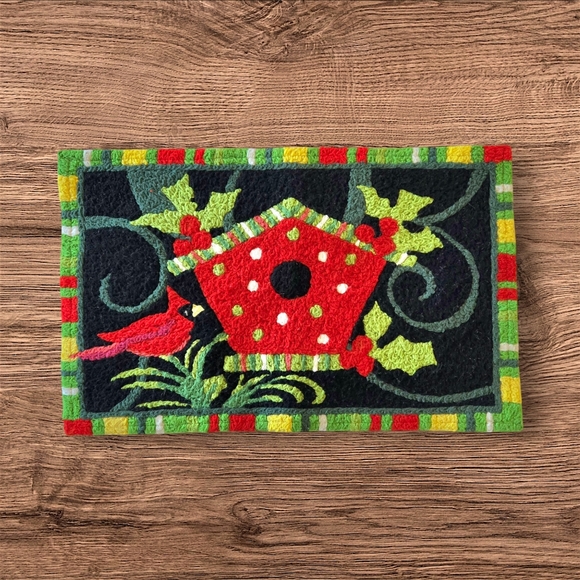 Festive Winter Door Mat Jellybean Accent Rug w Cardinal Birdhouse & Holly - Picture 7 of 8